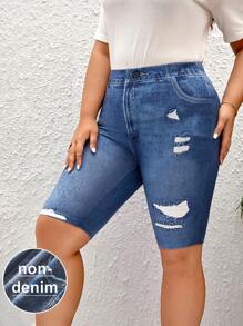 SHEIN LUNE Plus Denim-Effect Print Ripped Cycling Shorts - Blue - View 1