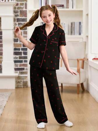 SHEIN Girls' Cherry Printed Ruffled Short Sleeve & Pants Pajama Set, Plus Size