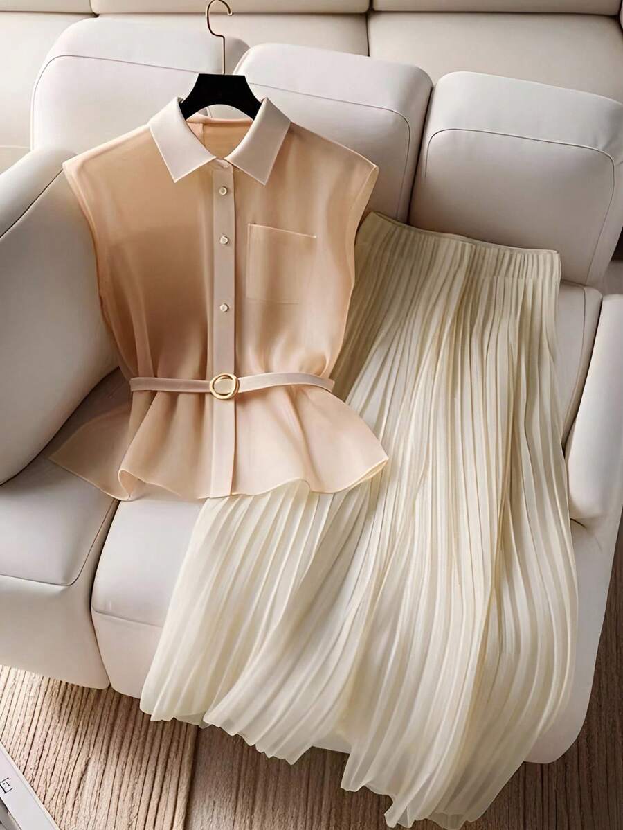 SHEIN Franclia 2件套女士优雅雪纺无袖衬衫和百褶裙套装 - 卡其色 - 查看 1