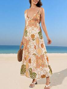 Swim Oasis Ladies' Floral Print Backless Waist Ruffle Hem Maxi Vacation Dress