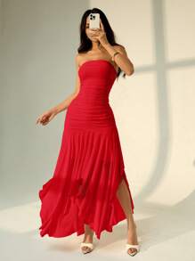 SHEIN PETITE Váy xòe không dây viền bất đối xứng dành cho nữ, phù hợp cho mùa hẹn hò và mùa cưới, váy mùa hè dành cho nữ - Đỏ - Xem 5