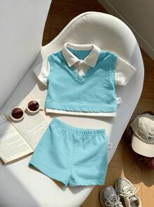 SHEIN 2 件套新生男婴/女婴绿白领开衫短袖上衣和短裤休闲装，适合上学、户外、居家 - 彩色 - 查看 4