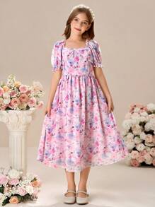 Robe ajustée à col carré et manches bouffantes à fleurs marguerite pour préadolescentes