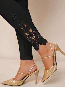 SHEIN PETITE CURVE 女士加大纯色弹力腰休闲高弹力紧身裤黑色蕾丝紧身裤乡村音乐会，适合身材较矮的人 - 黑色 - 查看 6