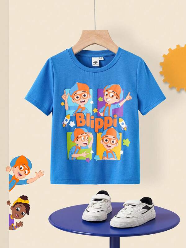 Blippi X SHEIN Young Boy Cute Rocket & Cartoon Pattern Blue Casual Versatile Short Sleeve T-Shirt, Summer