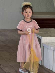 Dazy Kids Young Girls Round Neck Summer Casual Street Print Short Sleeve Mid-Length Dress - Pink - View 4