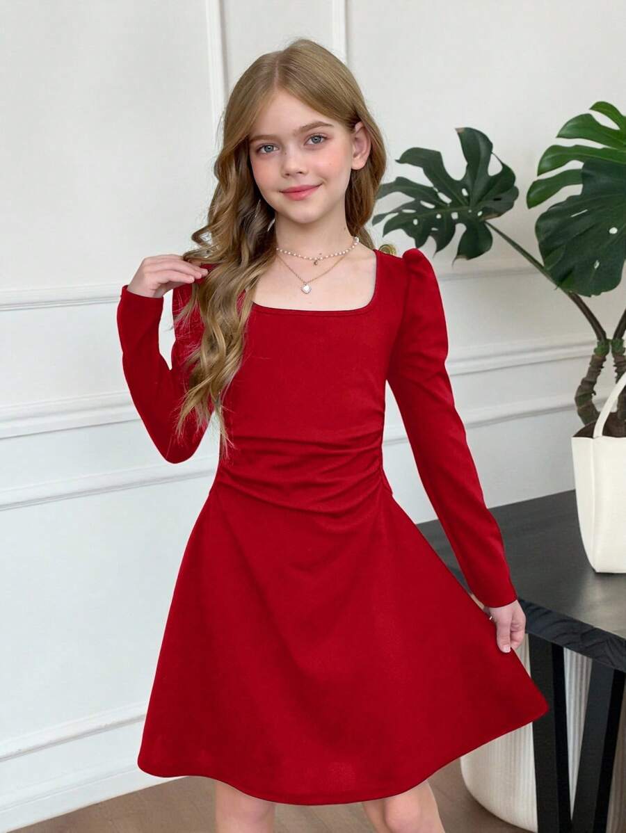 SHEIN Leap Crew Tween Girls 优雅方领灯笼长袖 A 字形连衣裙，黑色 - 紅色 - 查看 1