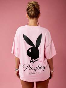 Missguided x Playboy 超大图案个性 T 恤经典街头风上衣短袖棉质夏季节日休闲家居服日常时尚 - 粉色 - 查看 2