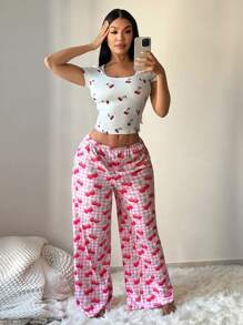 SHEIN SXY Women's Elastic Waist Loose Cherry Print Comfortable Pants, Cherry Print Pajama Pants ,Cherry Print Lounge Pants ,Gingham Pajama Pants ,Comfy Pajama Pants, Pink Pajama Pants,School Clothes,Y2k,Back To School,Going Out Tops Women,Flowy Pants,Cherry Print, - Multicolor - View 7