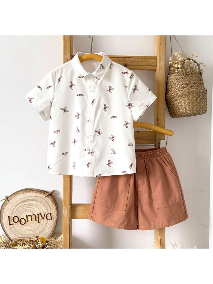 Bộ 2 áo sơ mi cài nút tay ngắn họa tiết động vật và quần short cơ bản cạp chun cho bé trai - Nhiều màu - Xem 1