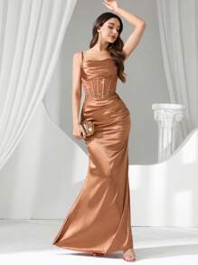 Coutiva 女式水钻装饰透视长款晚礼服 - 咖啡棕 - 查看 5