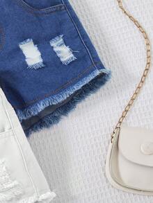 SHEIN Baby Girl Elastic Waist Pocket Distressed Frayed Hem Denim Shorts - Multicolor - View 4