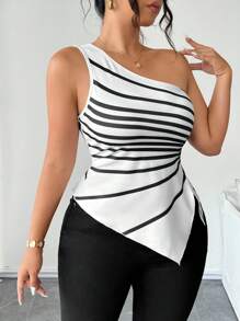 Elenzga 大码女式无袖条纹印花斜肩开衩优雅吊带背心，适合户外和工作