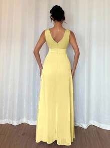 Breezaya 优雅的V领褶腰珍珠雪纺阔腿连体裤，紫色，优雅的婚礼宾客服装