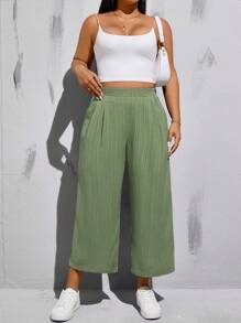 SHEIN Essnce Große Größen Frühlings- und Sommer Mode Lässige locker sitzende bequeme Basic Allround Schlank Textur Stoff elastischer Bund grüne weite Bein Dreiviertel Hosen, einfacher Stil, Damen Unterteil, Arbeitshose, Baggyhose, Urlaubsoutfit - Grün - Übersicht 5