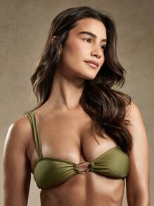 AiiRZ Bandeau Ring Detail Swimsuit Vacation Resort Beach Pool Summer Adjustable Strap Ruched Bikini Top - Green - View 5