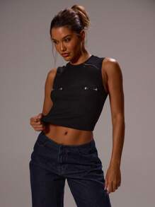 MUSERA Fitted Metal Chest Detail Fitted Tank Top Spring, Summer, Holiday, Festival, Rave, Grunge, Cool Girl, Y2K