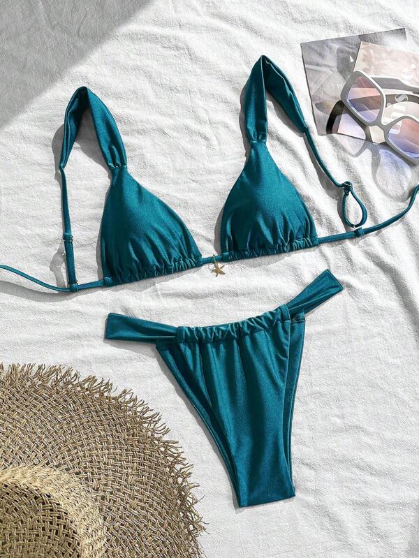 Swim Mod 2-Piece Bright Solid Thick Strap Starfish Decor Padded Bra Triangle Bikini Swimwear Set For Women