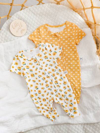 SHEIN 2pcs Newborn Baby Girl Cute Heart Knit & Ditsy Floral Long Sleeve Jumpsuits Set Print