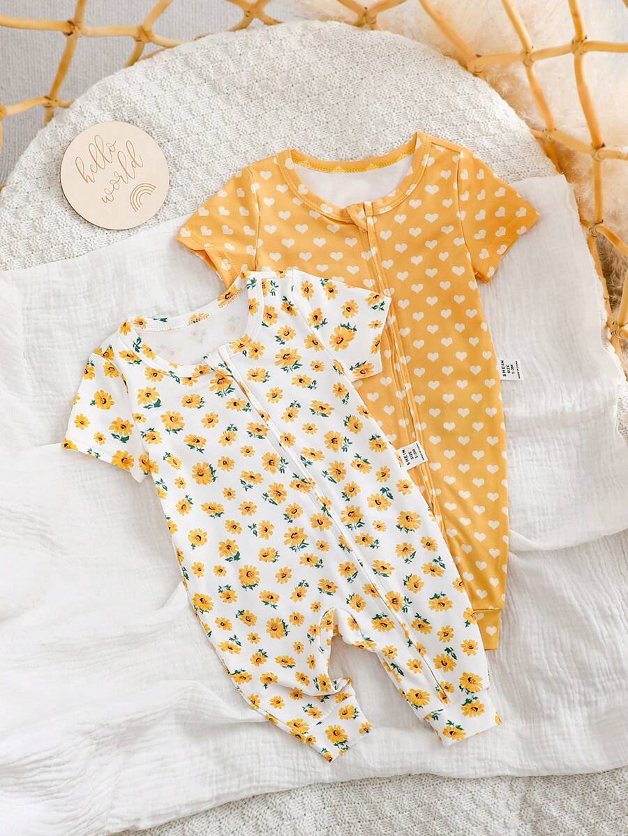 SHEIN Bộ 2 bộ áo liền quần dài tay in họa tiết trái tim dễ thương cho bé gái sơ sinh - Nhiều màu - Xem 1