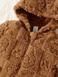 SHEIN 新生儿男女宝宝可爱卡通图案毛绒连帽连体衣，保暖内衬，适合秋冬季室内外穿着，泰迪熊图案，婴儿服装，秋季款 - 卡其色 - 查看 9