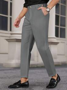 Manfinity Bizformal Naples Men's White Adjustable Waist Straight Leg Slim Fit Dress Pants - Dark Grey - View 6