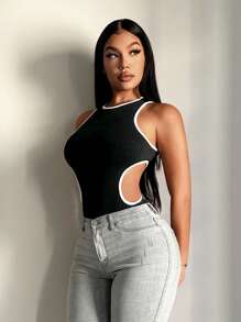 SHEIN SXY 大码女式圆领露腰休闲连体衣 - 黑色 - 查看 4