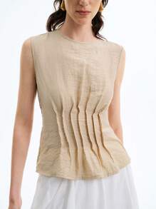 Aalyst 简约优雅亚麻混纺无袖女式衬衫 - 杏色 - 查看 1