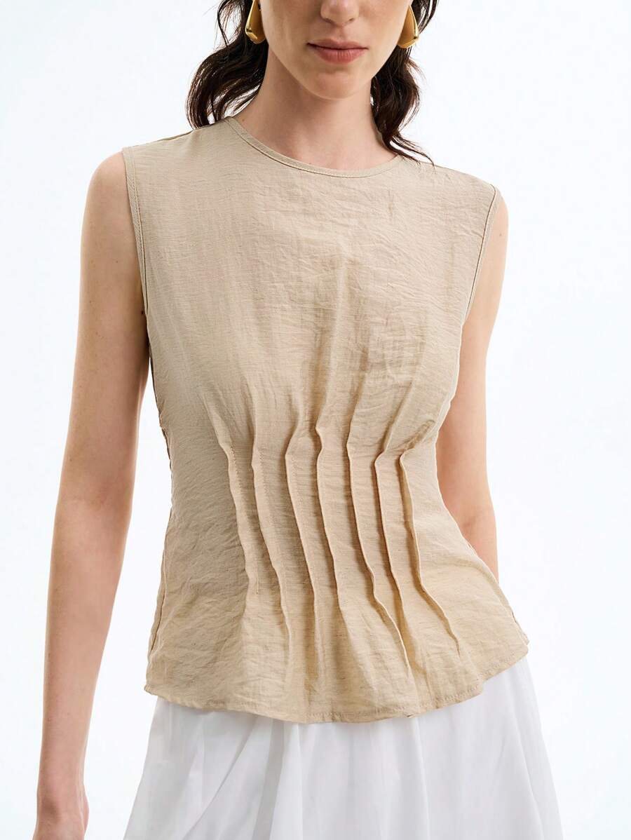 Aalyst 简约优雅亚麻混纺无袖女式衬衫 - 杏色 - 查看 1