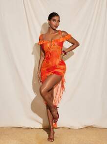 Yelly Gray Floral Printed Mesh Off-Shoulder Tie Straps Asymmetric Ruffled Sheer Dress Women Vacation Sexy - Orange - View 3