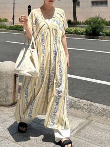 FRIFUL 女士撞色条纹印花度假风宽松大码深V领连衣裙，夏季女装，夏季套装，女士工作装，夏季连衣裙，舞会礼服 - 杏色 - 查看 5