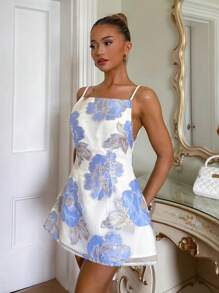 Relinas 女式欧根纱提花金属线边 A 字公主吊带裙，短款夏季迷你派对宾客婚礼酒会礼服秋季女装返校