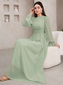 Veilorie Women's Elegant Solid Color Arabic Long Dress  Occasion Dresses  Tea Party Dress   Birthday Women Outfits  Sage Green Dress Summer Clothes