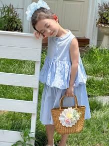 DAZY 年轻女孩圆领无袖休闲清新甜美荷叶边下摆二合一连衣裙，女孩夏季服装 - 藍色 - 查看 3