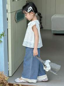 DAZY Bộ 2 món/Bộ áo ren không tay mùa hè cho bé gái và quần denim thường ngày - Rửa trung bình - Xem 4