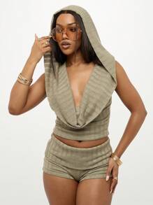 SUMWON WOMEN 罗纹针织连帽套装垂坠 V 领短款上衣热裤两件套节日夏季海滩派对俱乐部服装 - 綠色 - 查看 3