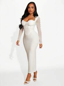 Radiana Vestido de graduación; Vestido largo elegante y romántico para invitado de boda de primavera/verano, Día de San Valentín, de punto blanco elástico con contraste de malla de estilo corsé ajustado y adorno de perlas falsas - Blanco - Ver 5