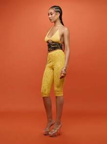 SUMWON WOMEN 花卉蕾丝细节高腰七分紧身裤节日舞蹈表演紧身夏季派对裤 - 黃色 - 查看 4