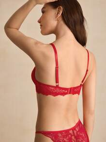 Charlaine Women's Bow Decor Fashionable Bra (Underwire + Lace Patchwork) - Red - View 2
