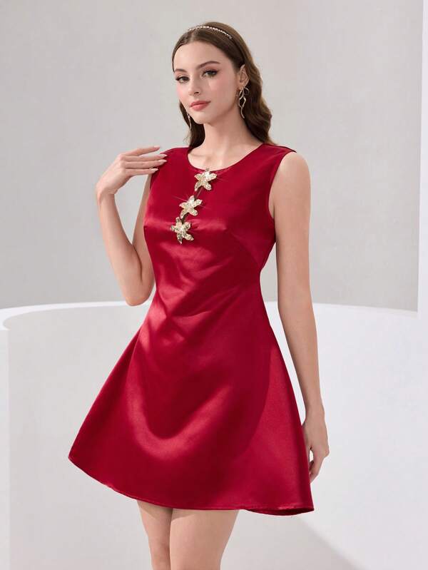 Poshira Women's Elegant Metal Decor Summer Mini Dress