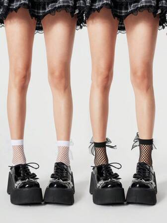 Kawaii 2 paires de chaussettes mi-mollet à nœud papillon en maille, bas transparents sexy, chaussettes femme de style JK de couleur unie