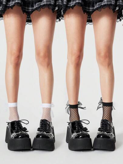 Kawaii 2 Pairs Mesh Bow-Knot Mid-Calf Socks, Sexy Sheer Stocking, Solid Color JK Style Women Socks