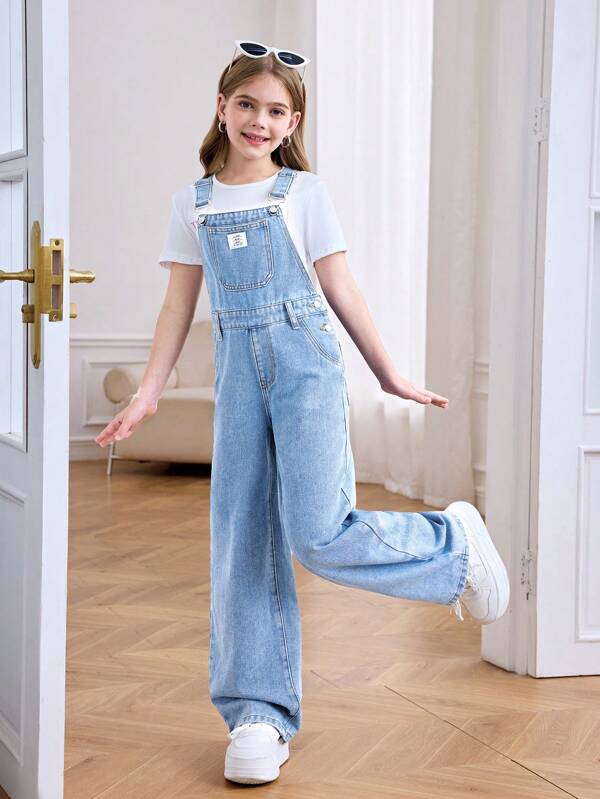 SHEIN Tween Mädchen Y2K Frühling/Sommer Casual Patched Detail Baggy Denim Overalls Jumpsuit Jeans ohne Oberteil, für Frühlings-/Sommer-Outfits, Mädchen Denim Romper