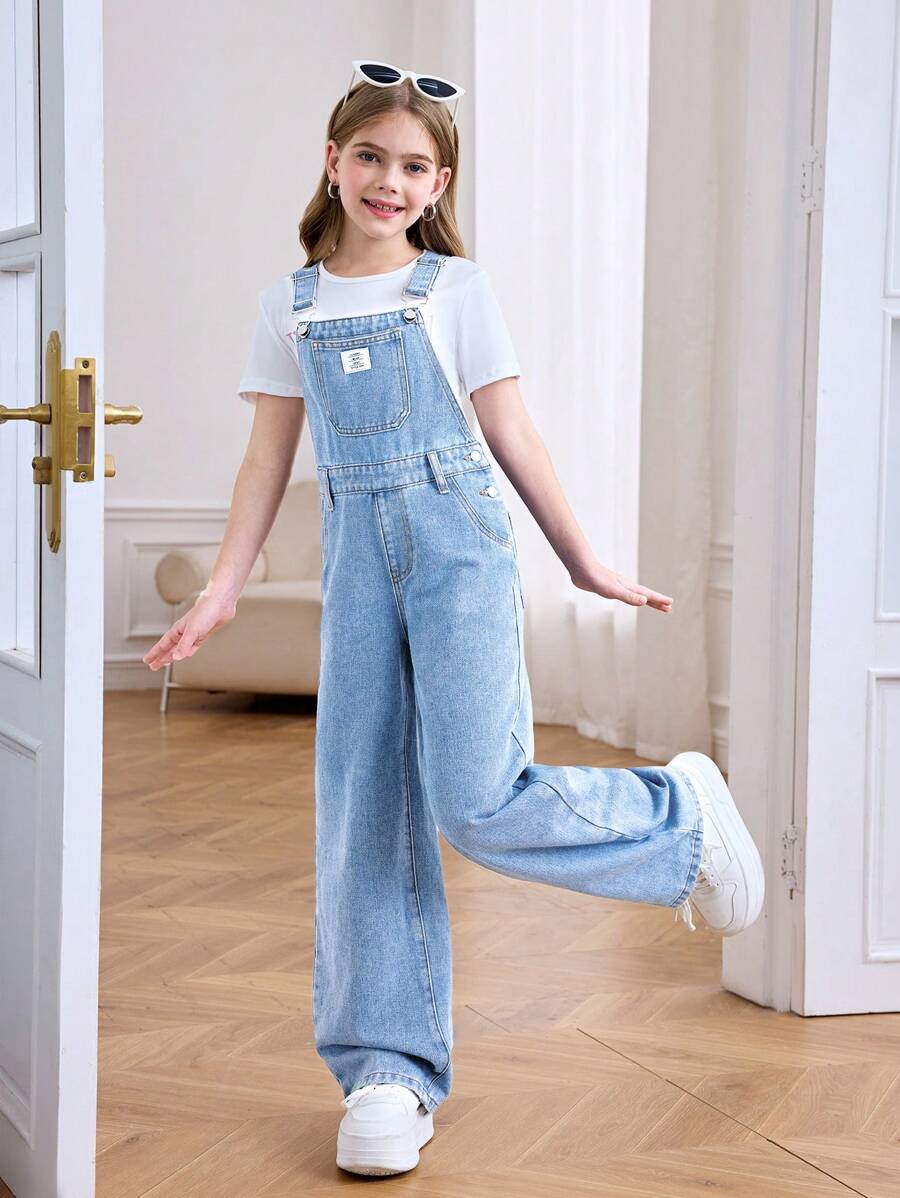 SHEIN Tween Girl's Y2K Spring Summer Casual Patched Detail Baggy Denim Overalls Jumpsuit Jeans Without Top, For Spring/Summer Outfits,Girls Denim Romper