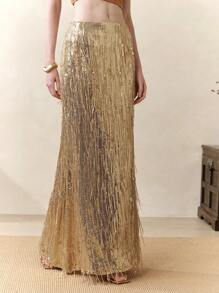 Arave 女士亮片流苏银色美人鱼裙，个性化派对，春夏优雅晚礼服，伴娘裙，宴会，节日服装女士，婚礼宾客裙女士 - 金色 - 查看 5