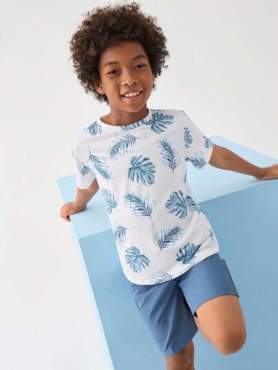مجموعة قميص وشورت طباعة استوائية للأولاد المراهقين