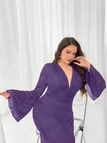 Firerie Vestido largo de malla con cuello en V profundo, mangas largas abombadas y doble volante, de color marrón sólido, talla grande, para mujer - Morado - Ver 5