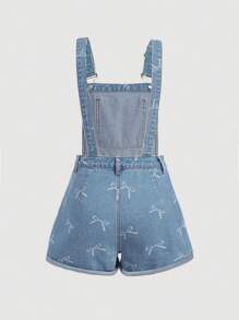 SHEIN Girlism 少女白色蝴蝶结装饰蓝色牛仔工装短裤，春夏休闲度假乡村波西米亚风装