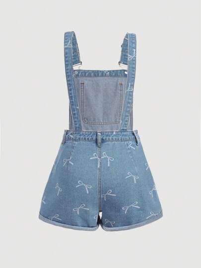 SHEIN Girlism Quần yếm denim màu xanh lam cho bé gái tuổi teen, trang trí nơ trắng, trang phục thường ngày cho kỳ nghỉ mùa xuân và mùa hè theo phong cách Boho