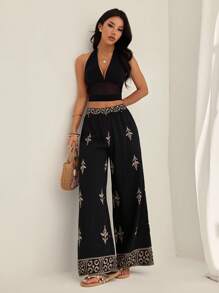 SHEIN PETITE Women's Print Wide Leg Boho Pants For Summer